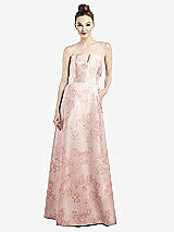 Front View Thumbnail - Bow And Blossom Print Strapless Notch Floral Satin Gown with Pockets