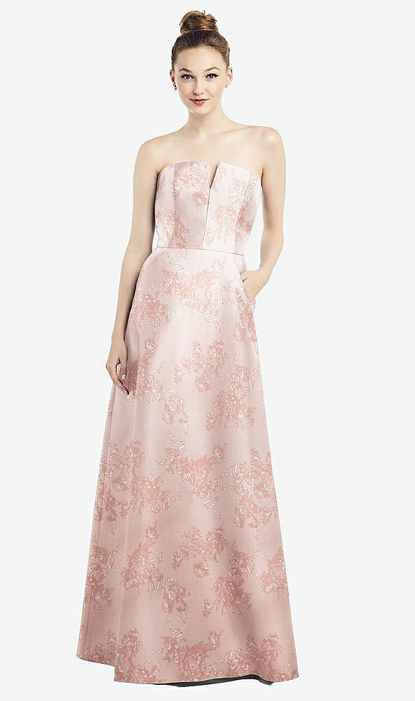 Front View - Bow And Blossom Print Strapless Notch Floral Satin Gown with Pockets
