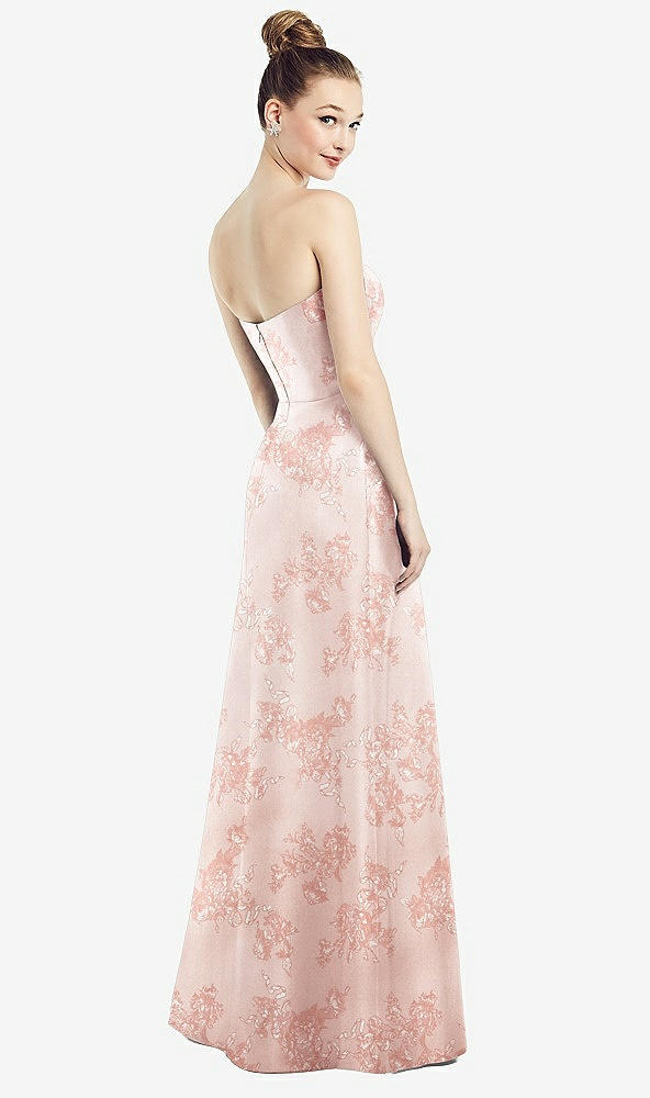 Back View - Bow And Blossom Print Strapless Notch Floral Satin Gown with Pockets