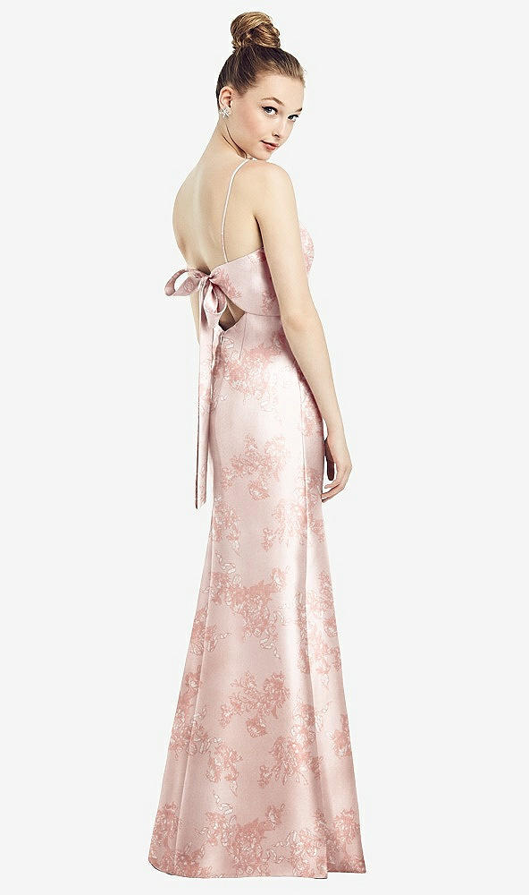 Back View - Bow And Blossom Print Open-Back Bow Tie Floral Satin Trumpet Gown