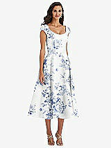 Front View Thumbnail - Cottage Rose Larkspur Puff Cap Sleeve Full Skirt Floral Satin Midi Dress