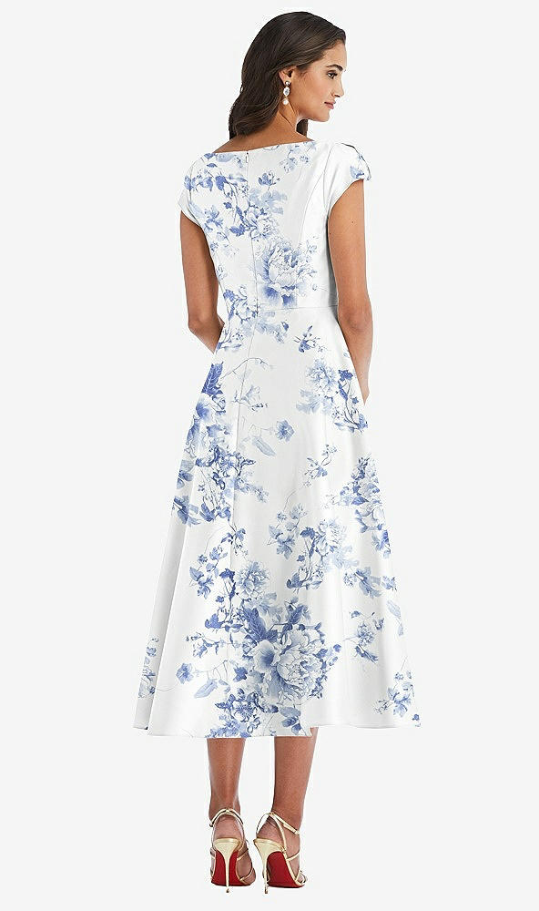 Back View - Cottage Rose Larkspur Puff Cap Sleeve Full Skirt Floral Satin Midi Dress