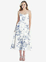 Front View Thumbnail - Cottage Rose Larkspur Spaghetti Strap Full Skirt Floral Satin Midi Dress