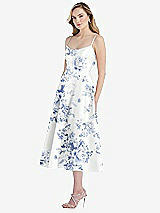 Side View Thumbnail - Cottage Rose Larkspur Spaghetti Strap Full Skirt Floral Satin Midi Dress