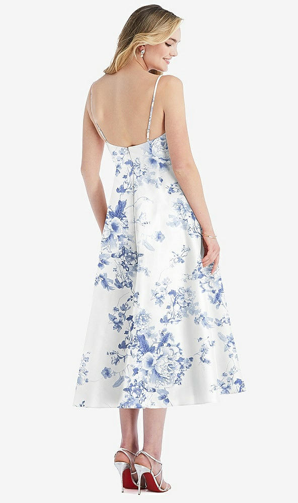 Back View - Cottage Rose Larkspur Spaghetti Strap Full Skirt Floral Satin Midi Dress