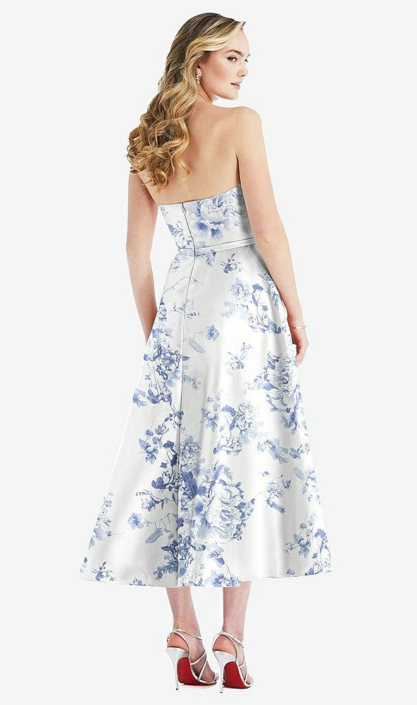 Back View - Cottage Rose Larkspur Strapless Bow-Waist Full Skirt Floral Satin Midi Dress