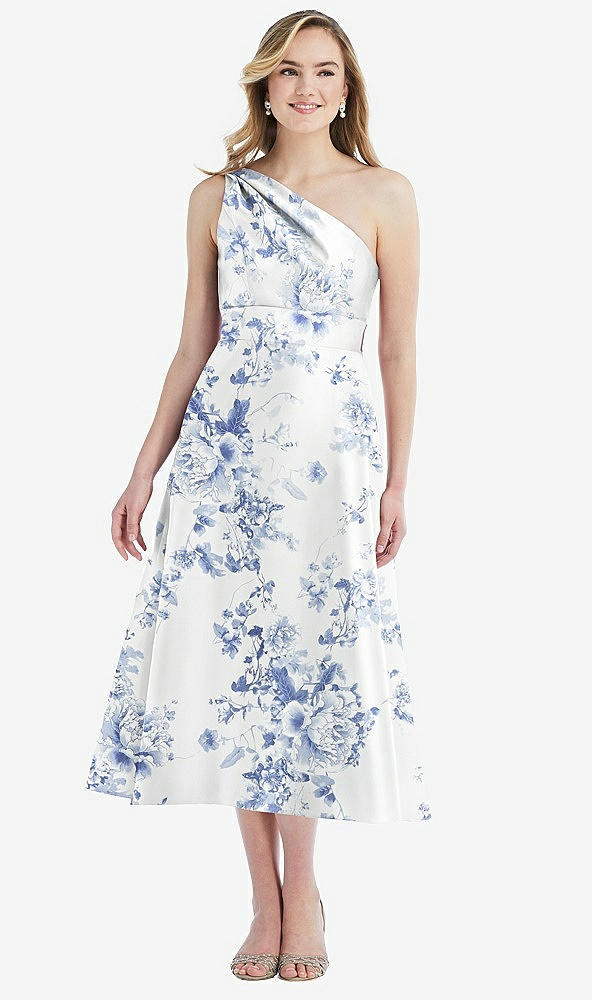 Front View - Cottage Rose Larkspur Draped One-Shoulder Floral Satin Midi Dress with Pockets