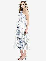 Side View Thumbnail - Cottage Rose Larkspur Draped One-Shoulder Floral Satin Midi Dress with Pockets