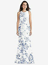 Front View Thumbnail - Cottage Rose Larkspur Jewel Neck Bowed Open-Back Floral SatinTrumpet Dress