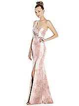 Side View Thumbnail - Bow And Blossom Print Draped One-Shoulder Floral Satin Trumpet Gown with Front Slit