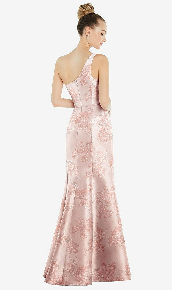 Back View - Bow And Blossom Print Draped One-Shoulder Floral Satin Trumpet Gown with Front Slit
