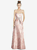 Front View Thumbnail - Bow And Blossom Print Basque-Neck Strapless Floral Satin Gown with Mini Sash