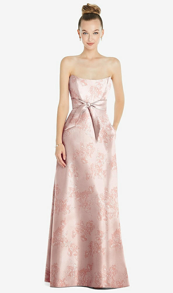 Front View - Bow And Blossom Print Basque-Neck Strapless Floral Satin Gown with Mini Sash