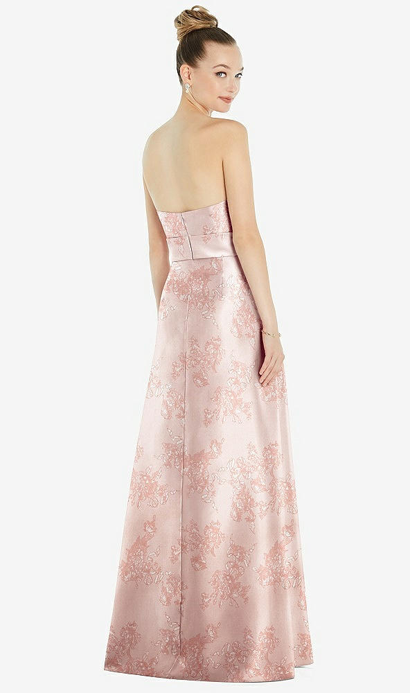 Back View - Bow And Blossom Print Basque-Neck Strapless Floral Satin Gown with Mini Sash