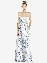 Front View Thumbnail - Cottage Rose Larkspur Basque-Neck Strapless Floral Satin Gown with Mini Sash