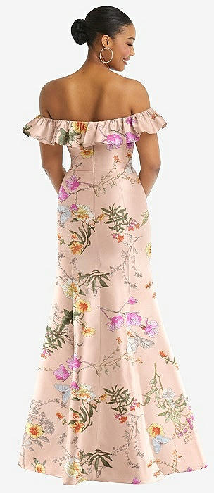 Off-the-shoulder Ruffle Neck Floral Satin Trumpet Bridesmaid Dress 