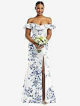 Alt View 2 Thumbnail - Cottage Rose Larkspur Off-the-Shoulder Ruffle Neck Floral Satin Trumpet Gown