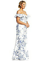 Alt View 4 Thumbnail - Cottage Rose Larkspur Off-the-Shoulder Ruffle Neck Floral Satin Trumpet Gown