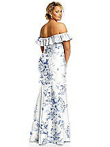 Alt View 5 Thumbnail - Cottage Rose Larkspur Off-the-Shoulder Ruffle Neck Floral Satin Trumpet Gown