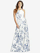 Front View Thumbnail - Cottage Rose Larkspur Halter Lace-Up Back Floral Satin A-Line Maxi Dress