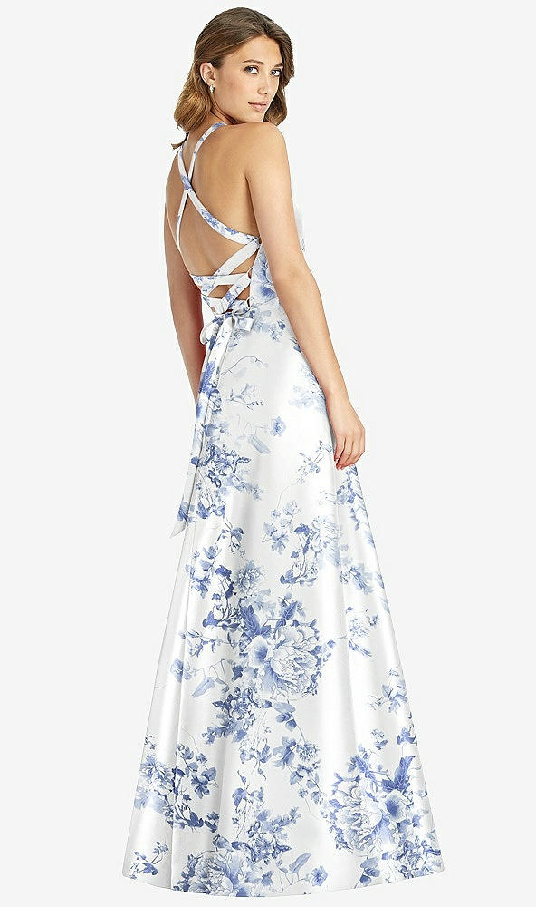 Back View - Cottage Rose Larkspur Halter Lace-Up Back Floral Satin A-Line Maxi Dress