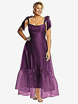 Alt View 1 Thumbnail - Aubergine Convertible Deep Ruffle Hem High Low Organdy Dress with Scarf-Tie Straps