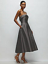 Rear View Thumbnail - Caviar Gray Cuffed Strapless Satin Twill Midi Dress with Full Skirt and Pockets