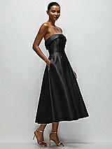 Rear View Thumbnail - Black Cuffed Strapless Satin Twill Midi Dress with Full Skirt and Pockets