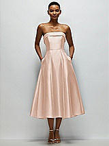 Front View Thumbnail - Cameo Cuffed Strapless Satin Twill Midi Dress with Full Skirt and Pockets