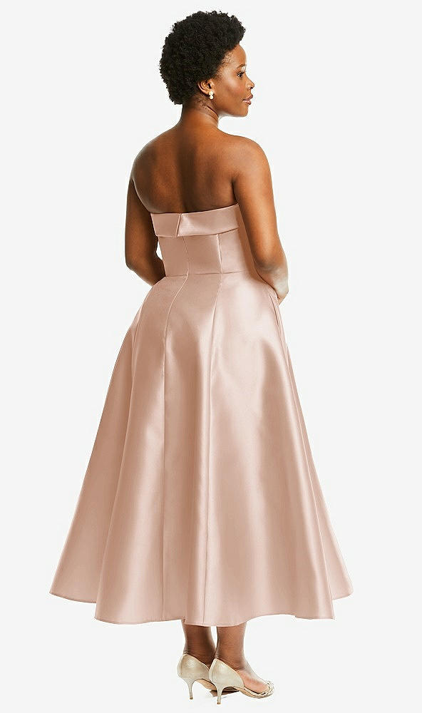 Back View - Cameo Cuffed Strapless Satin Twill Midi Dress with Full Skirt and Pockets