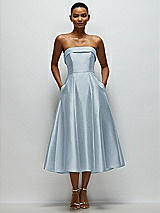 Front View Thumbnail - Mist Cuffed Strapless Satin Twill Midi Dress with Full Skirt and Pockets