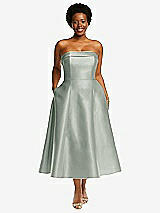 Front View Thumbnail - Willow Green Cuffed Strapless Satin Twill Midi Dress with Full Skirt and Pockets