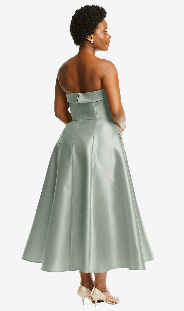 Back View - Willow Green Cuffed Strapless Satin Twill Midi Dress with Full Skirt and Pockets