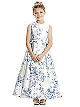 Front View Thumbnail - Cottage Rose Larkspur Floral Princess Line Satin Flower Girl Dress with Bows