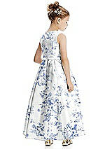 Rear View Thumbnail - Cottage Rose Larkspur Floral Princess Line Satin Flower Girl Dress with Bows