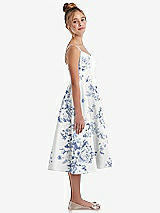 Side View Thumbnail - Cottage Rose Larkspur Adjustable Spaghetti Strap Floral Satin Midi Junior Bridesmaid Dress