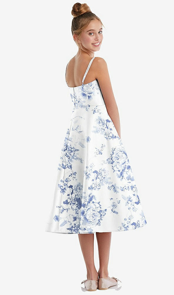 Back View - Cottage Rose Larkspur Adjustable Spaghetti Strap Floral Satin Midi Junior Bridesmaid Dress