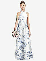 Front View Thumbnail - Cottage Rose Larkspur Floral Halter Open-back Satin Junior Bridesmaid Dress with Pockets