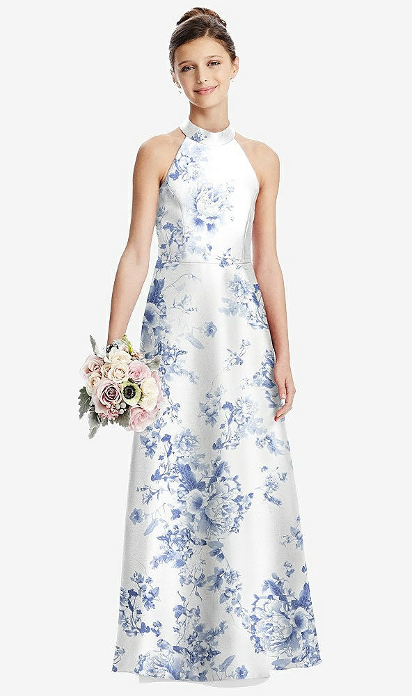 Front View - Cottage Rose Larkspur Floral Halter Open-back Satin Junior Bridesmaid Dress with Pockets