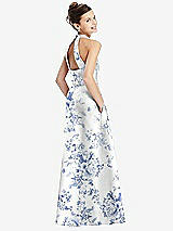 Rear View Thumbnail - Cottage Rose Larkspur Floral Halter Open-back Satin Junior Bridesmaid Dress with Pockets