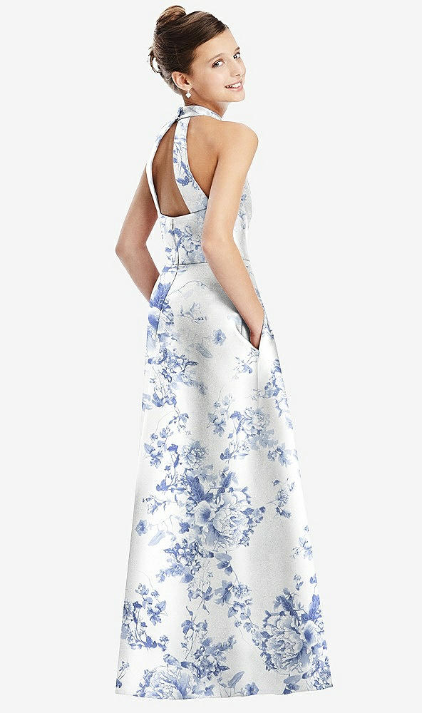 Back View - Cottage Rose Larkspur Floral Halter Open-back Satin Junior Bridesmaid Dress with Pockets