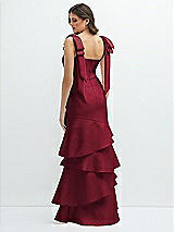 Rear View Thumbnail - Burgundy Bow-Shoulder Satin Maxi Dress with Asymmetrical Tiered Skirt