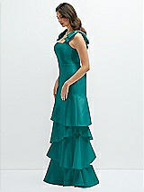 Front View Thumbnail - Jade Bow-Shoulder Satin Maxi Dress with Asymmetrical Tiered Skirt