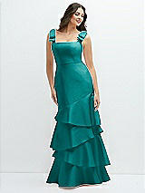 Side View Thumbnail - Jade Bow-Shoulder Satin Maxi Dress with Asymmetrical Tiered Skirt