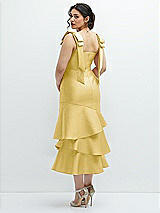 Front View Thumbnail - Maize Bow-Shoulder Satin Midi Dress with Asymmetrical Tiered Skirt