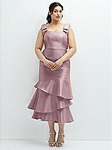 Rear View Thumbnail - Dusty Rose Bow-Shoulder Satin Midi Dress with Asymmetrical Tiered Skirt