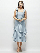 Alt View 1 Thumbnail - Mist Bow-Shoulder Satin Midi Dress with Asymmetrical Tiered Skirt
