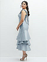 Side View Thumbnail - Mist Bow-Shoulder Satin Midi Dress with Asymmetrical Tiered Skirt