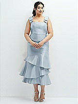 Rear View Thumbnail - Mist Bow-Shoulder Satin Midi Dress with Asymmetrical Tiered Skirt