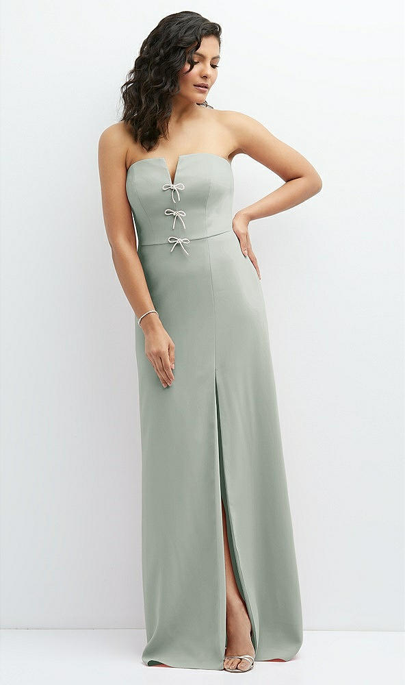 Front View - Willow Green Strapless Notch-Neck Crepe A-line Dress with Rhinestone Piping Bows